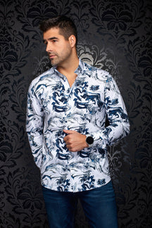 Chemise manches longues en Knit extensible pour homme par Au Noir | THOMAS Blanc Bleu | Boutique Vvög, inventaire complet de la marque Au Noir