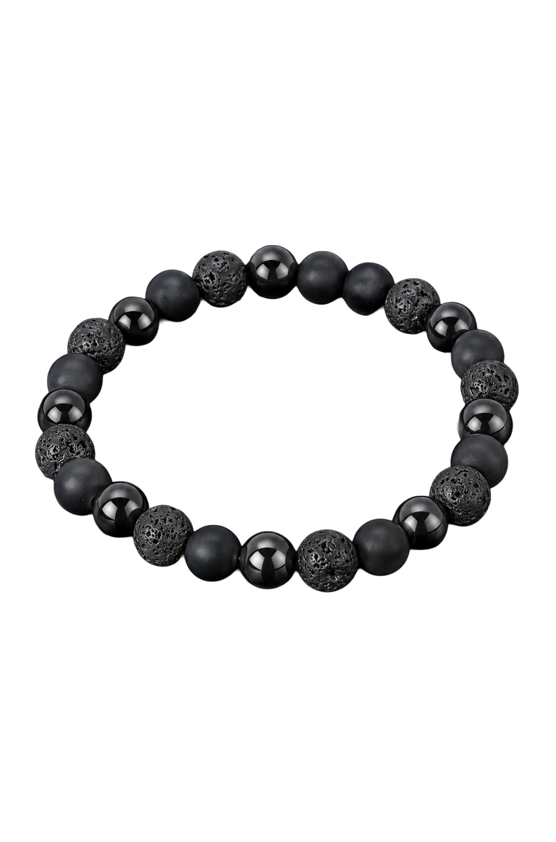 Bracelet noir à billes rondes mates, lustrées et texturées poreuses sur fond blanc pour homme par Au Noir, vue produit