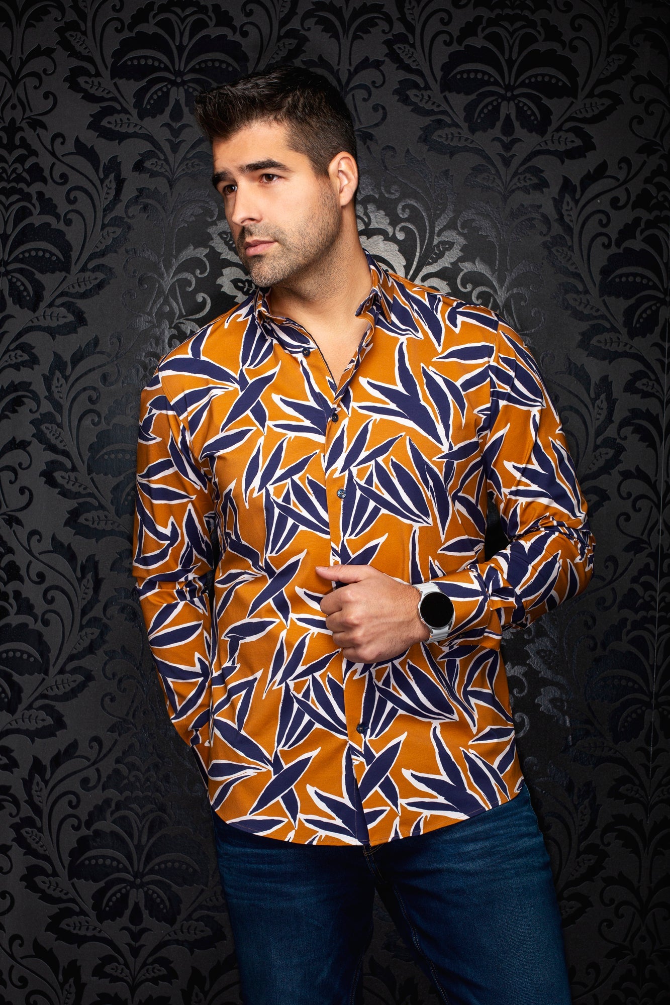 Chemise manches longues en Knit extensible pour homme par Au Noir | TYLER Tabac Marine | Boutique Vvög, inventaire complet de la marque Au Noir