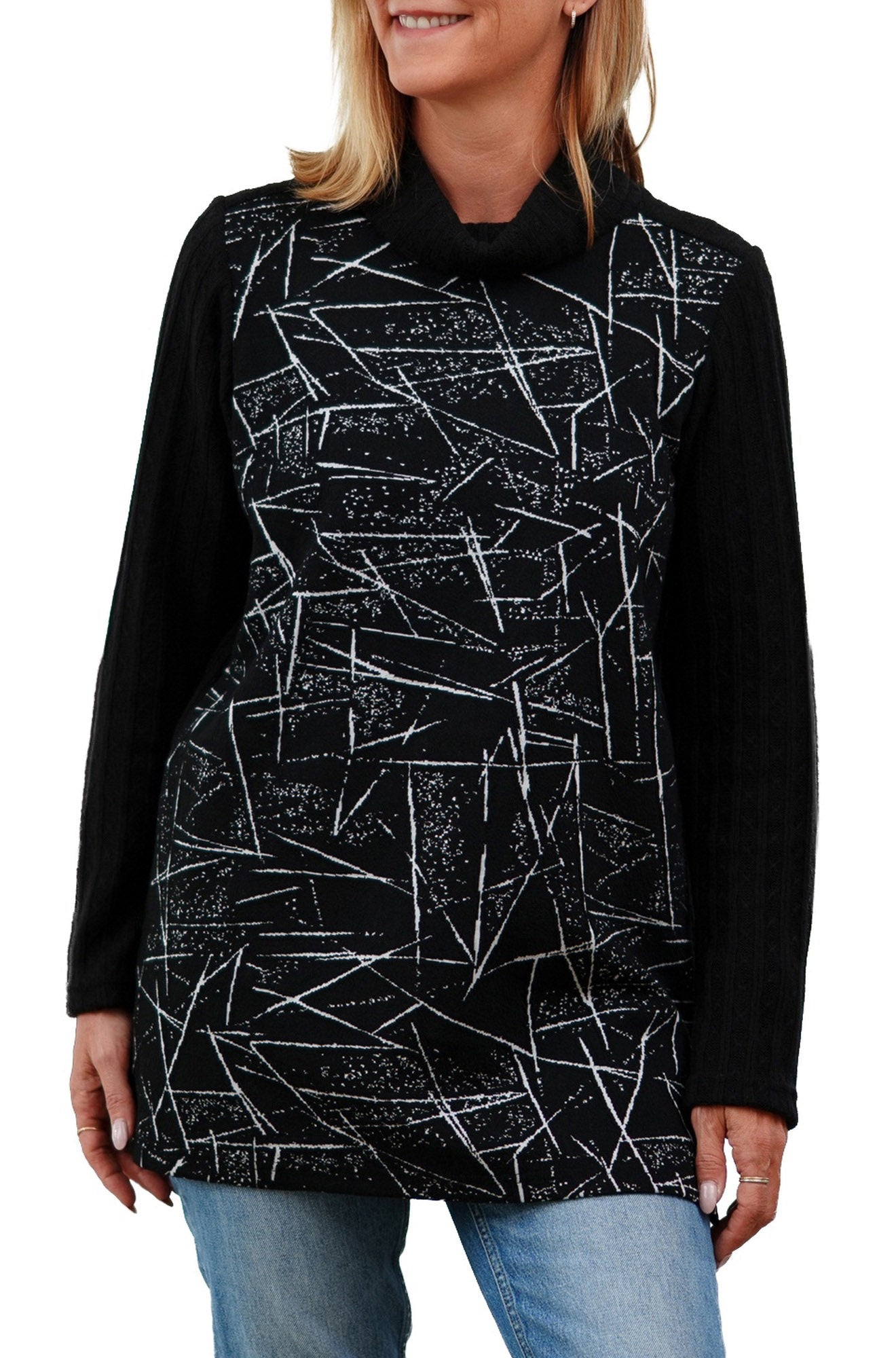 Rien ne se perd, tout se crée women's black long sleeve knit tunic with white abstract pattern, front view
