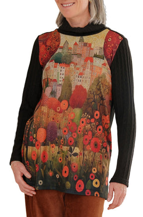 Rien ne se perd, tout se crée women's black long sleeve tunic with turtleneck shown from the front