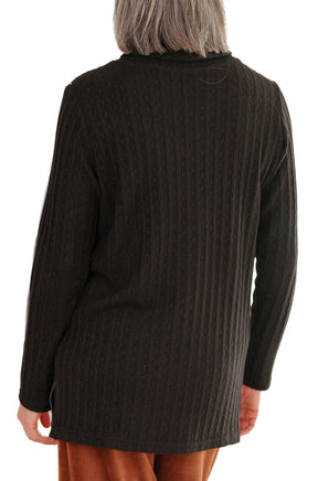 Rien ne se perd, tout se crée women's black long sleeve tunic with ribbed knit texture, back view