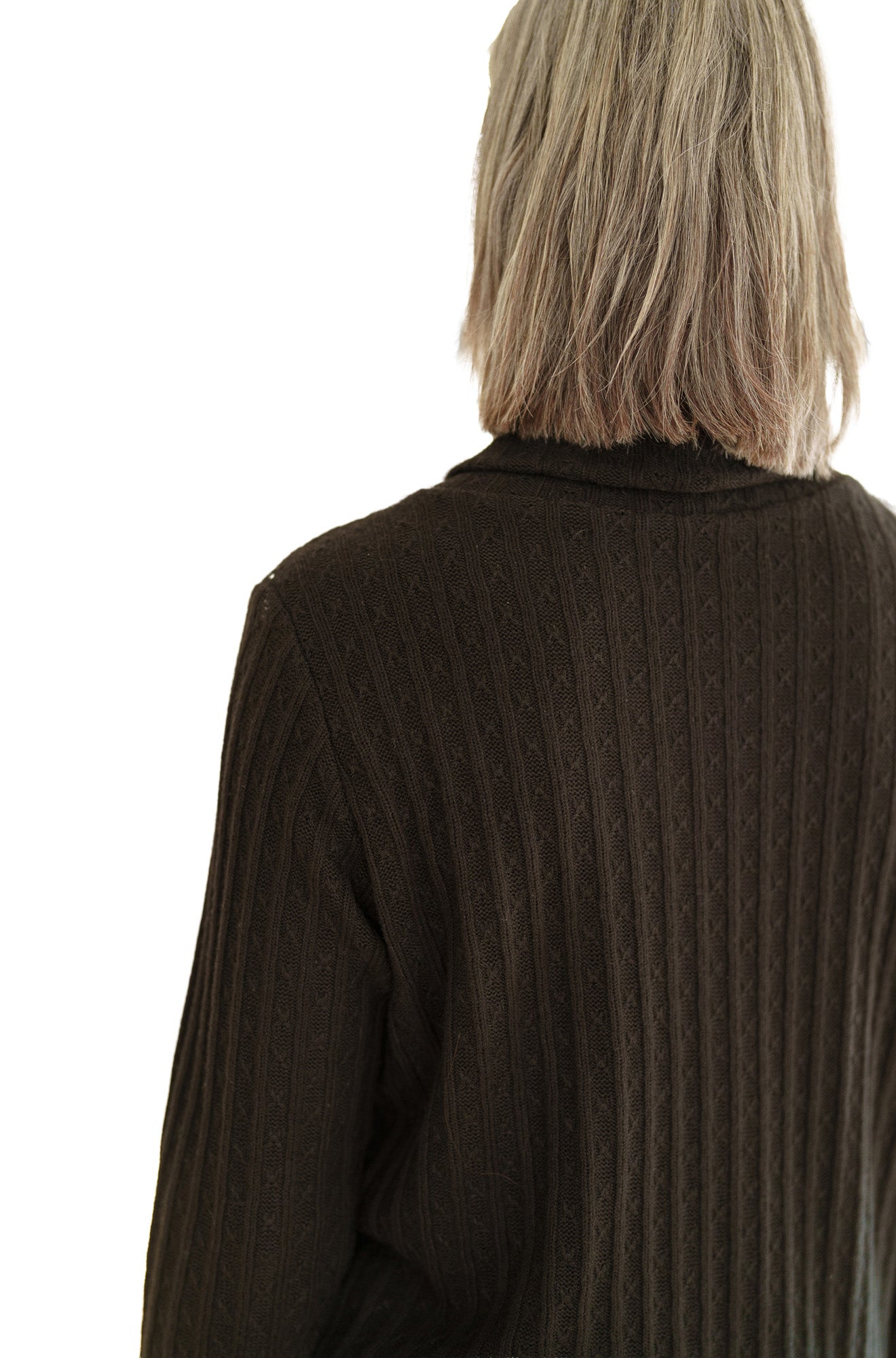Rien ne se perd, tout se crée women's close back detail of black ribbed knit tunic with high collar