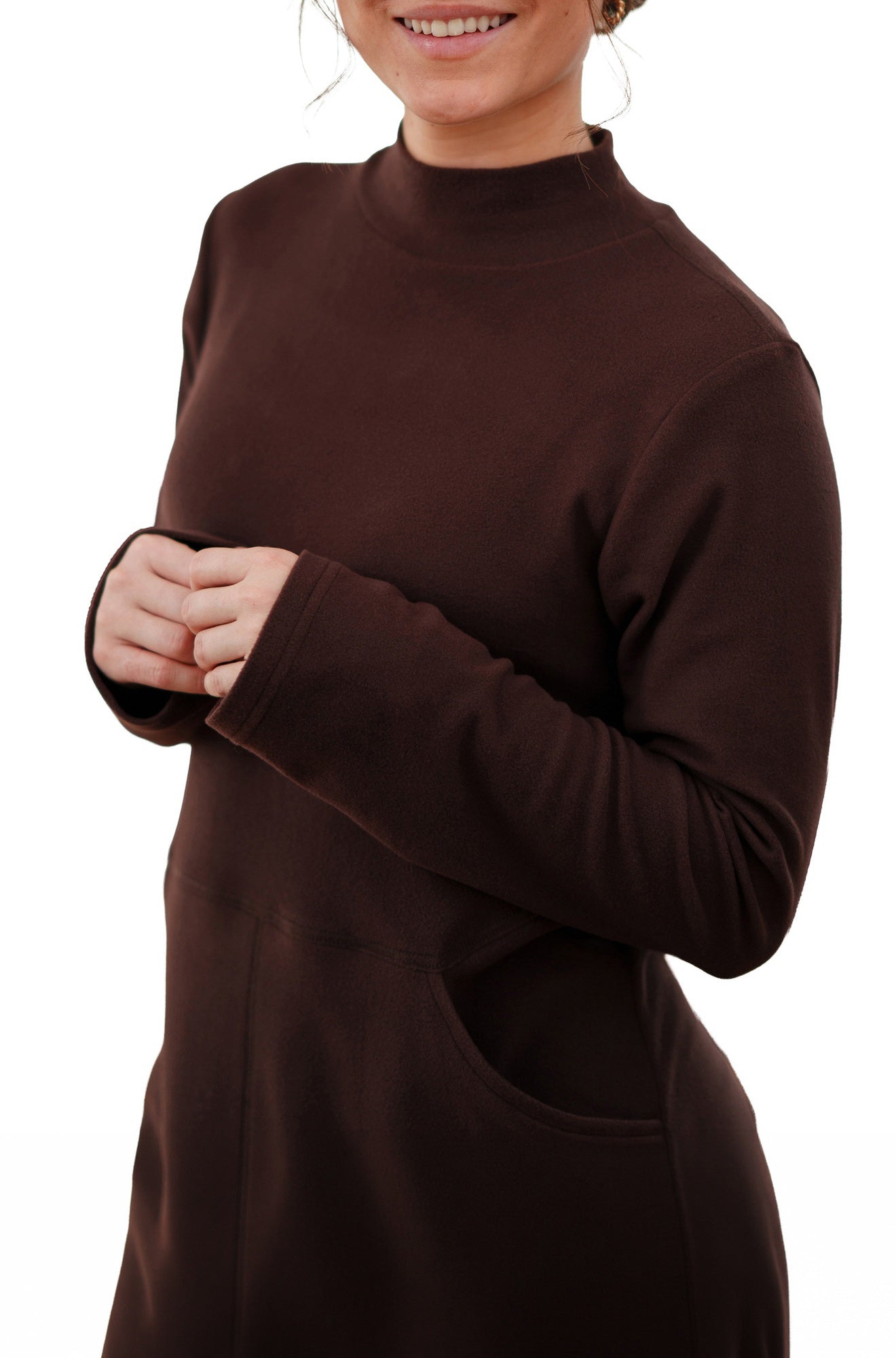 Rien ne se perd, tout se crée women's dark brown mock neck tunic with stitched cuff and curved pocket opening, close view