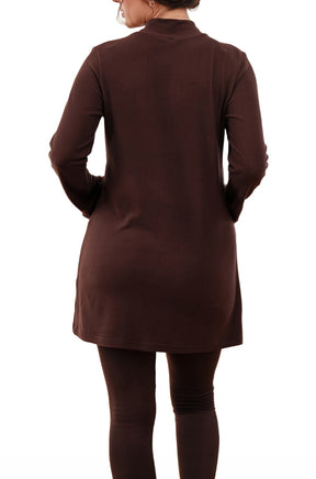Rien ne se perd, tout se crée women's dark brown long sleeve mock neck tunic with a straight thigh-length hem, back view