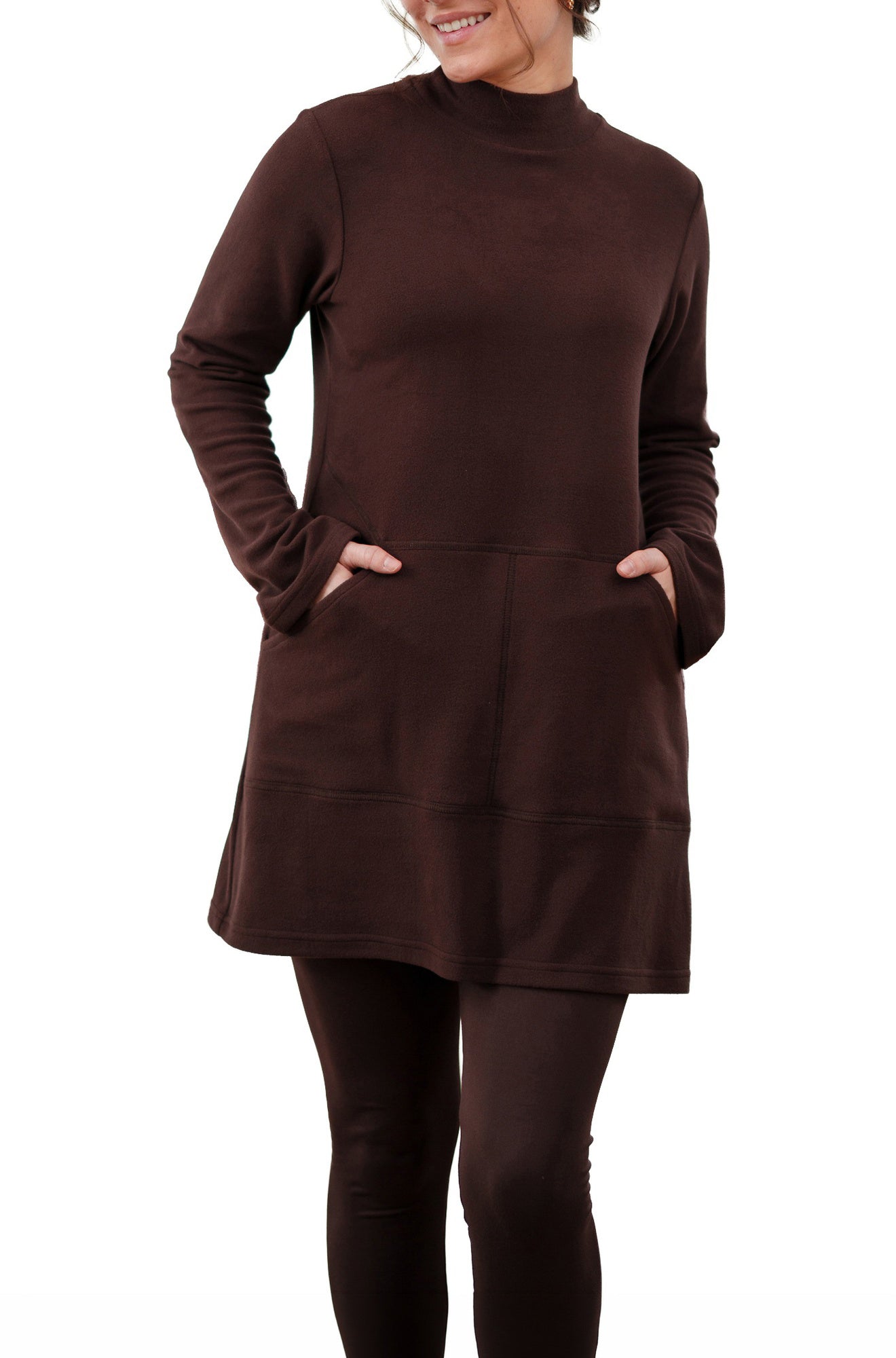 Rien ne se perd, tout se crée women's dark brown long sleeve mock neck tunic with hand pockets and stitched hem, front view
