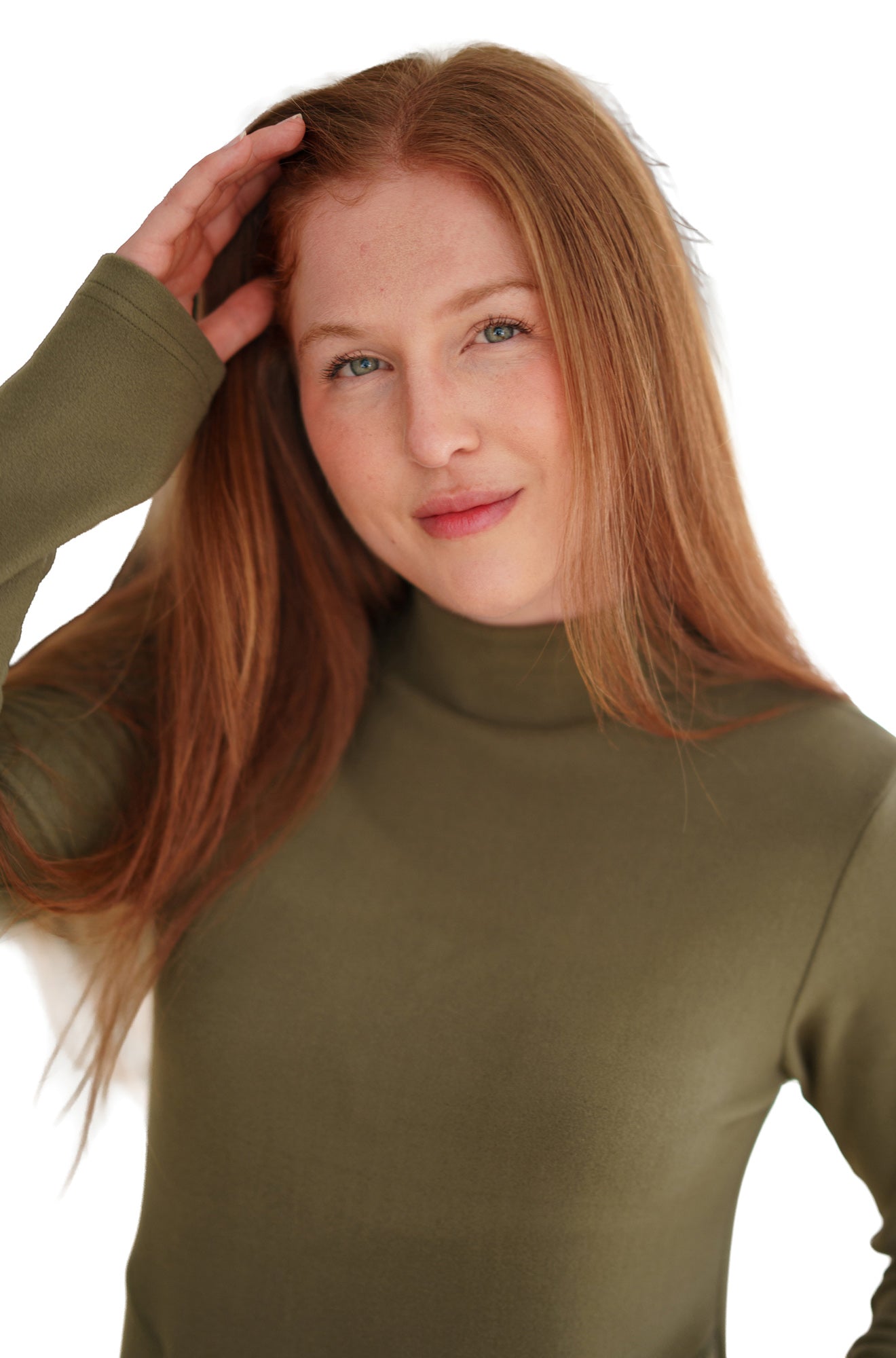 Rien ne se perd, tout se crée women's olive mock-neck tunic showing smooth fabric, high collar, and sleeve cuff, close-up
