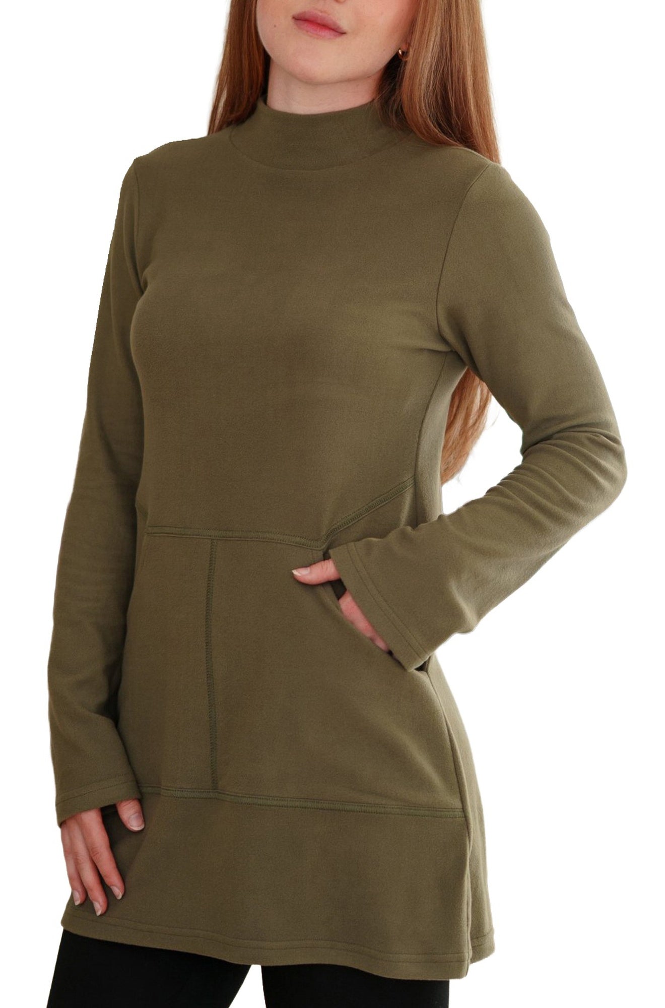 Rien ne se perd, tout se crée women's close angled view of olive mock-neck tunic showing topstitching