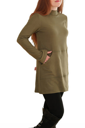 Rien ne se perd, tout se crée women's olive long sleeve tunic showing mock neck and panel seams, side view