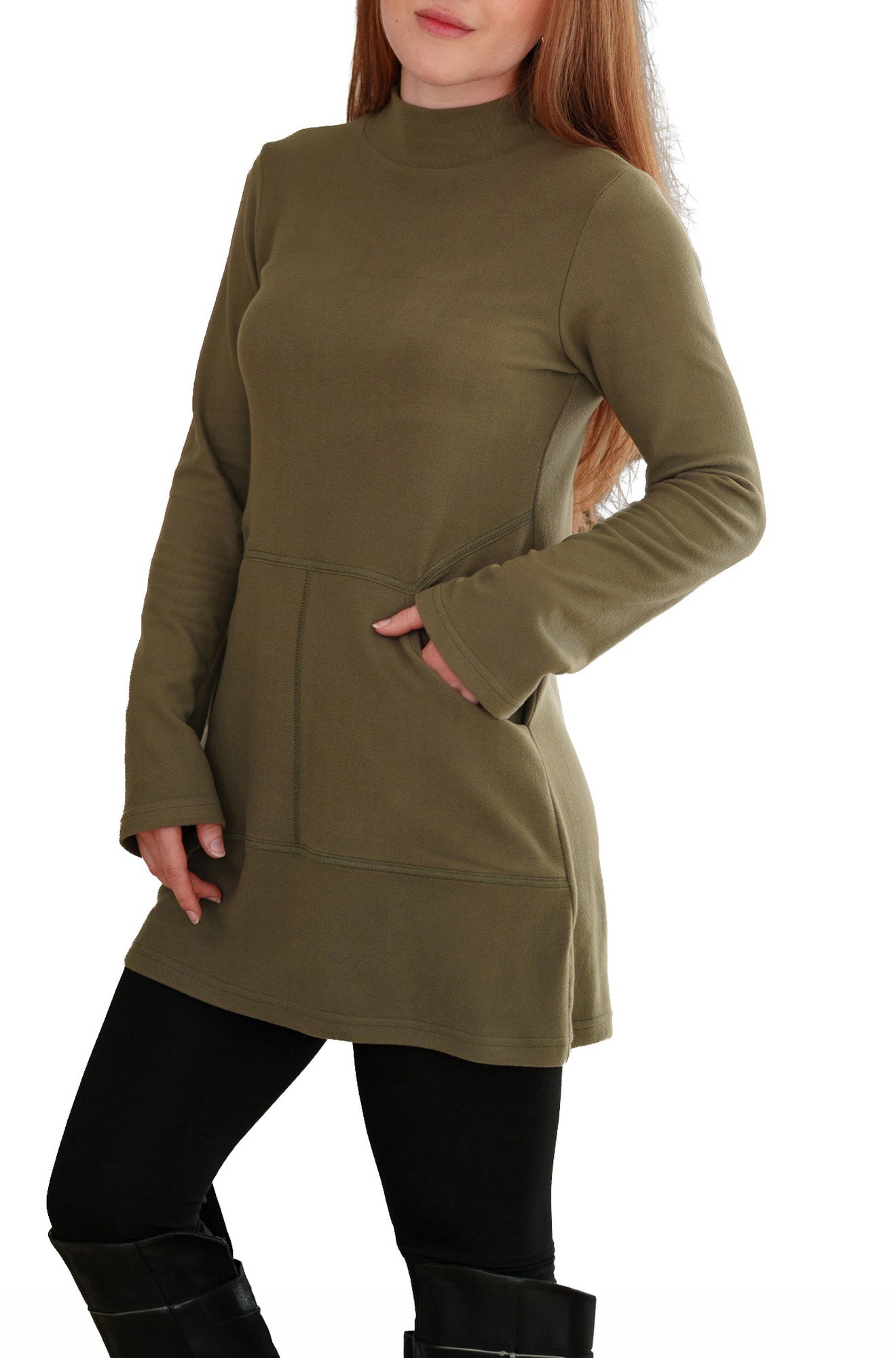 Rien ne se perd, tout se crée women's angled front view of olive mock-neck tunic with long sleeves and curved pocket opening