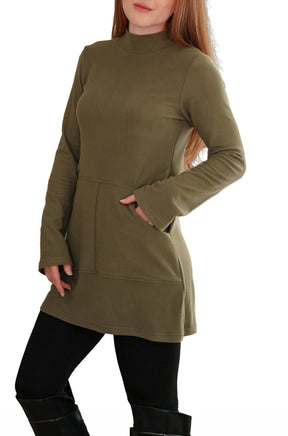 Rien ne se perd, tout se crée women's angled front view of olive mock-neck tunic with long sleeves and curved pocket opening