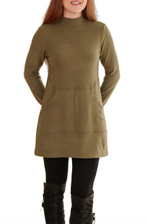 Rien ne se perd, tout se crée women's olive long sleeve mock-neck tunic with front pocket seams and straight hem, front view