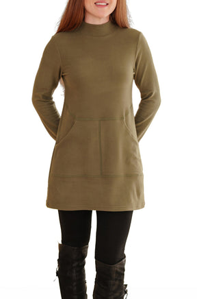 Rien ne se perd, tout se crée women's olive long sleeve mock-neck tunic with front pocket seams and straight hem, front view
