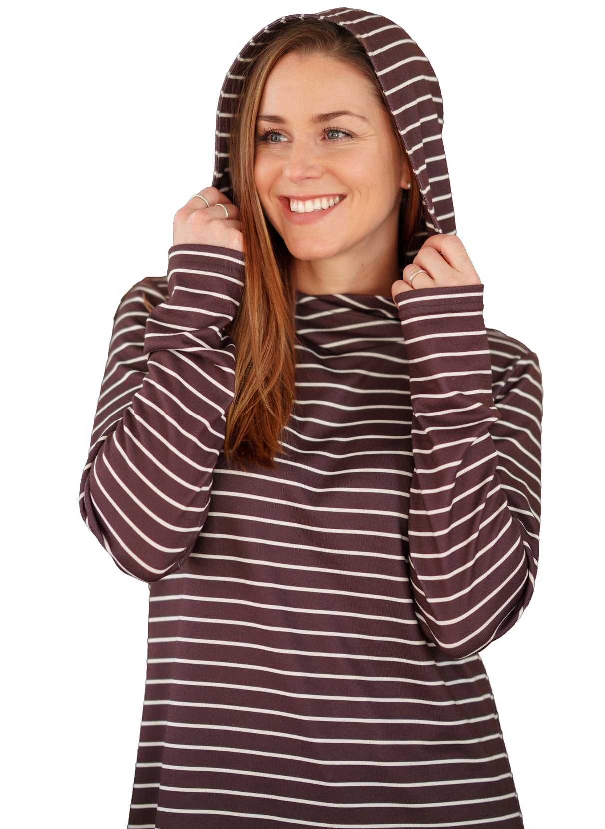 Rien ne se perd, tout se crée women's burgundy striped hooded tunic with hood worn and long sleeves, close view