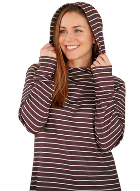 Rien ne se perd, tout se crée women's burgundy striped hooded tunic with hood worn and long sleeves, close view