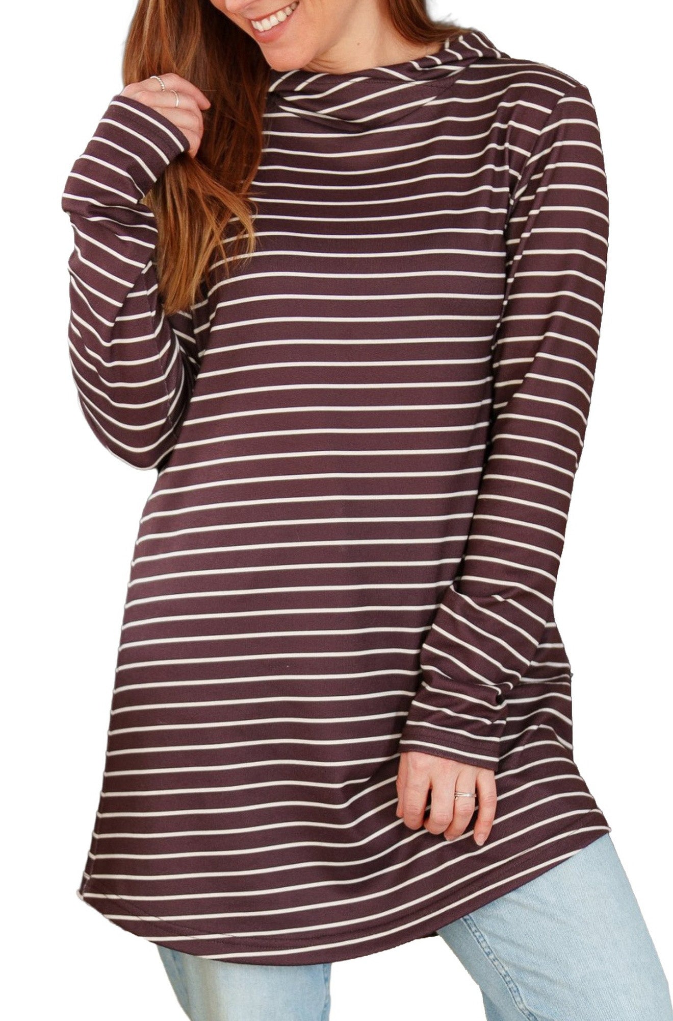 Women's burgundy hooded tunic with thin white stripes, front view showing rounded hem by Rien ne se perd, tout se crée