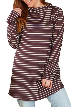 Women's burgundy hooded tunic with thin white stripes, front view showing rounded hem by Rien ne se perd, tout se crée