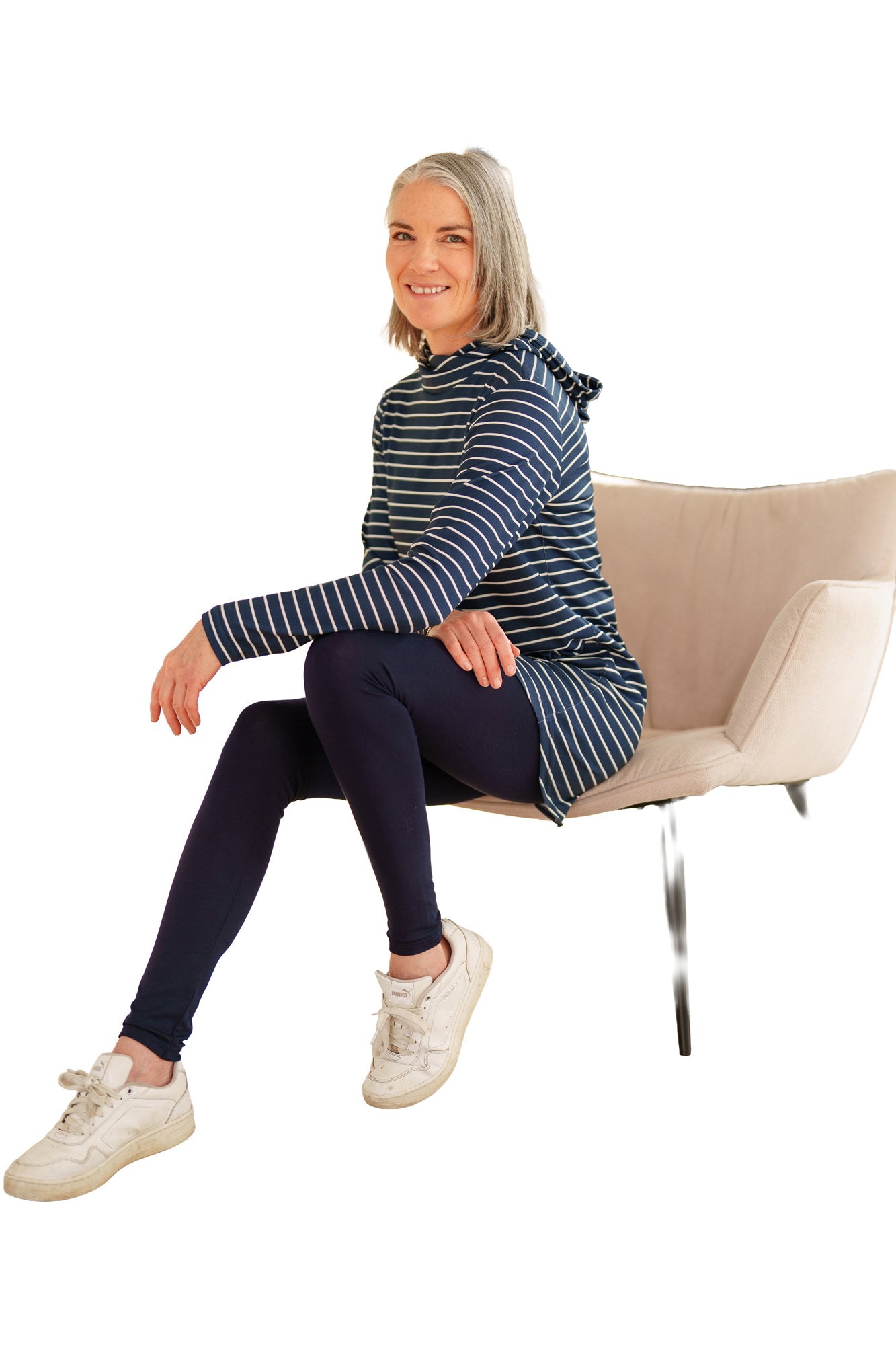 Rien ne se perd, tout se crée women's navy hooded tunic with off-white stripes and long sleeves, side view