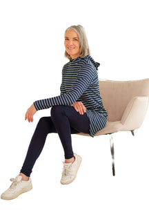 Rien ne se perd, tout se crée women's navy hooded tunic with off-white stripes and long sleeves, side view
