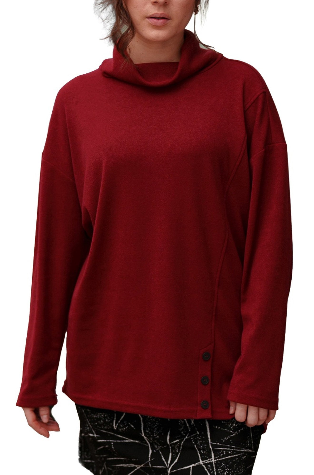 Rien ne se perd, tout se crée women's deep red cowl neck tunic with long sleeves and black side buttons shown from the front