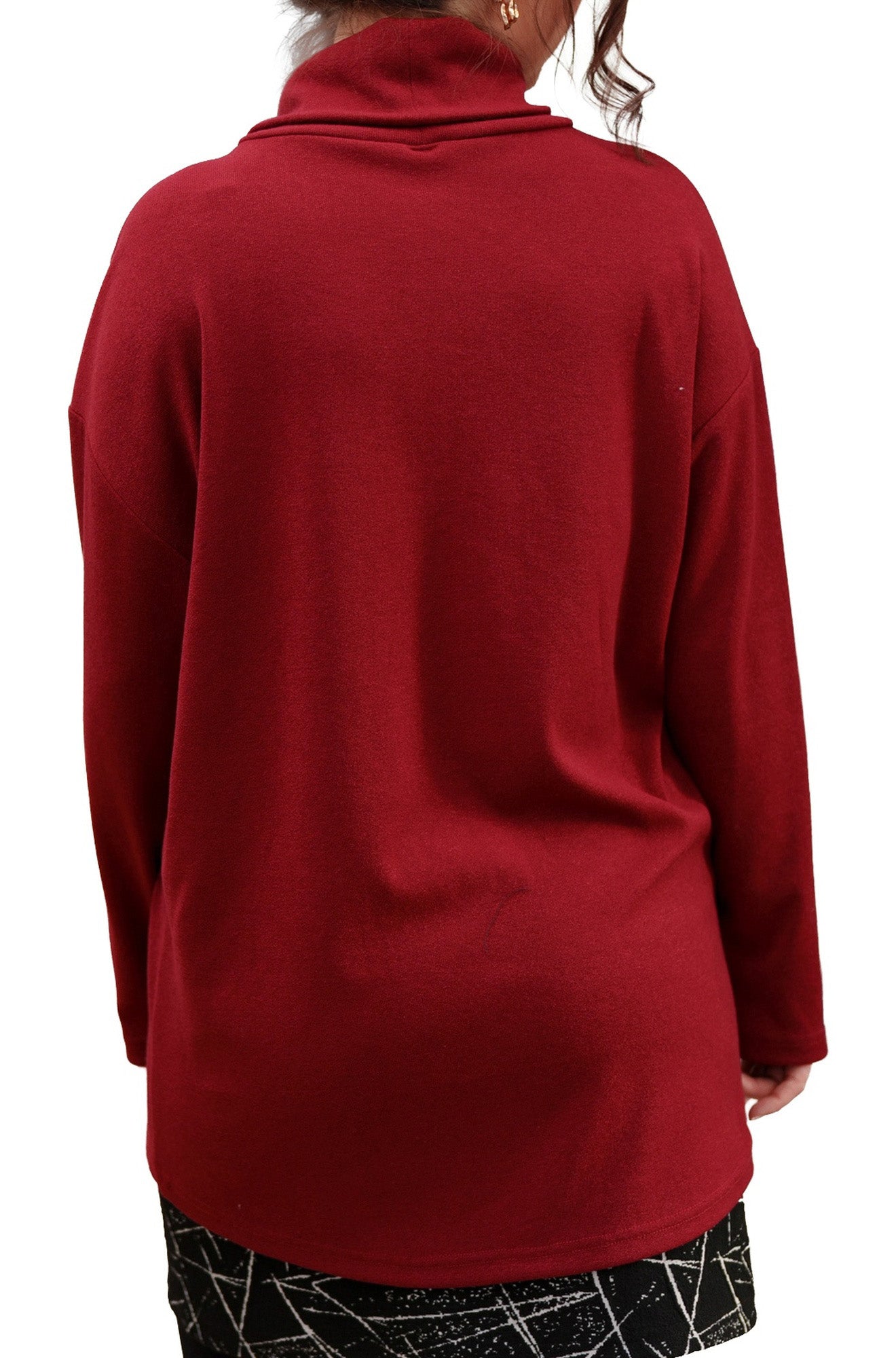 Rien ne se perd, tout se crée women's deep red long sleeve tunic with dropped shoulders and cowl neck, back view