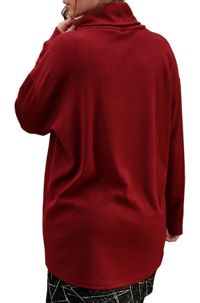 Rien ne se perd, tout se crée women's back angled view of deep red long sleeve tunic with cowl neck, side view
