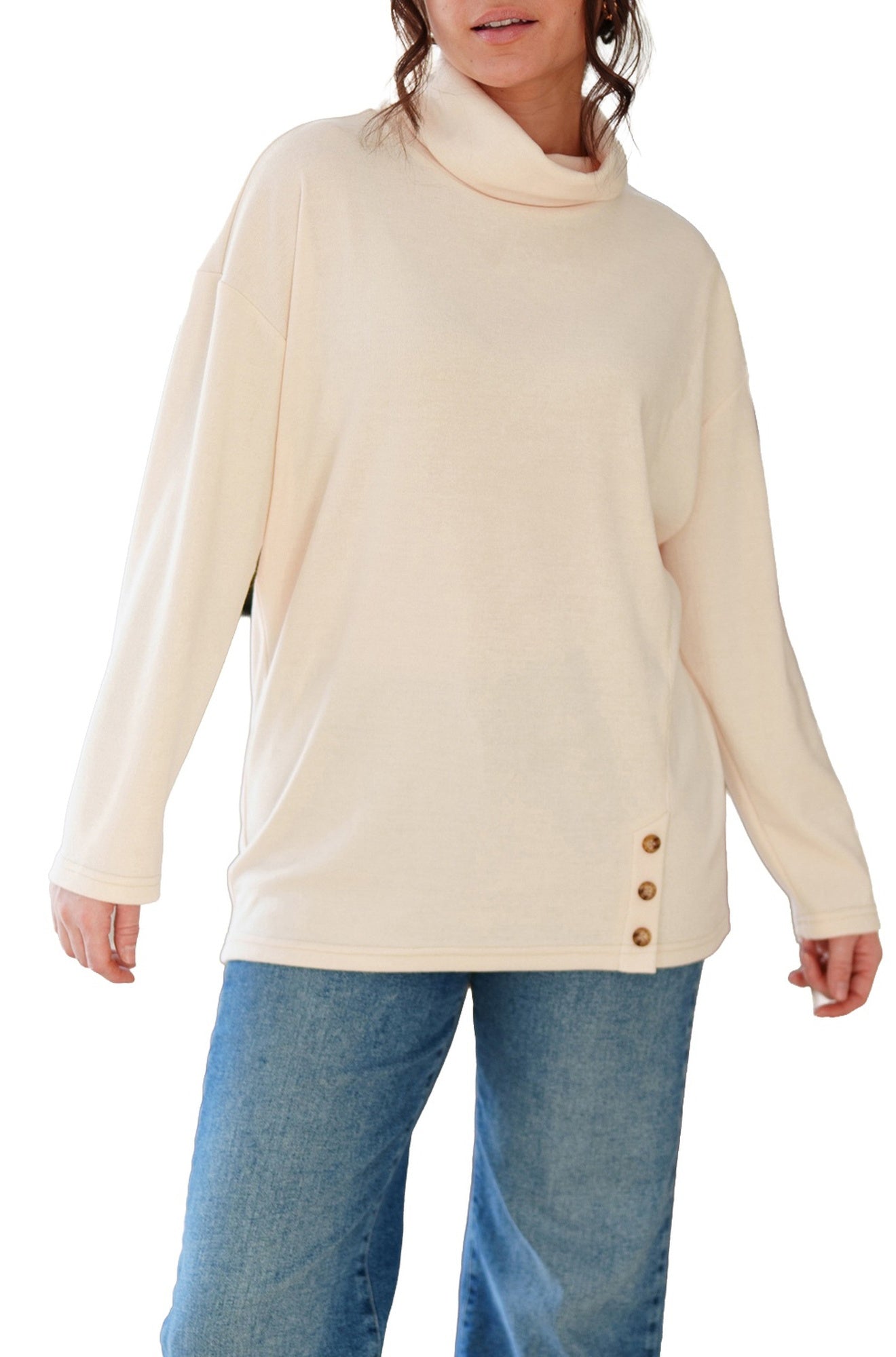Rien ne se perd, tout se crée women's cream cowl neck tunic with long sleeves and three side buttons at the hem, front view