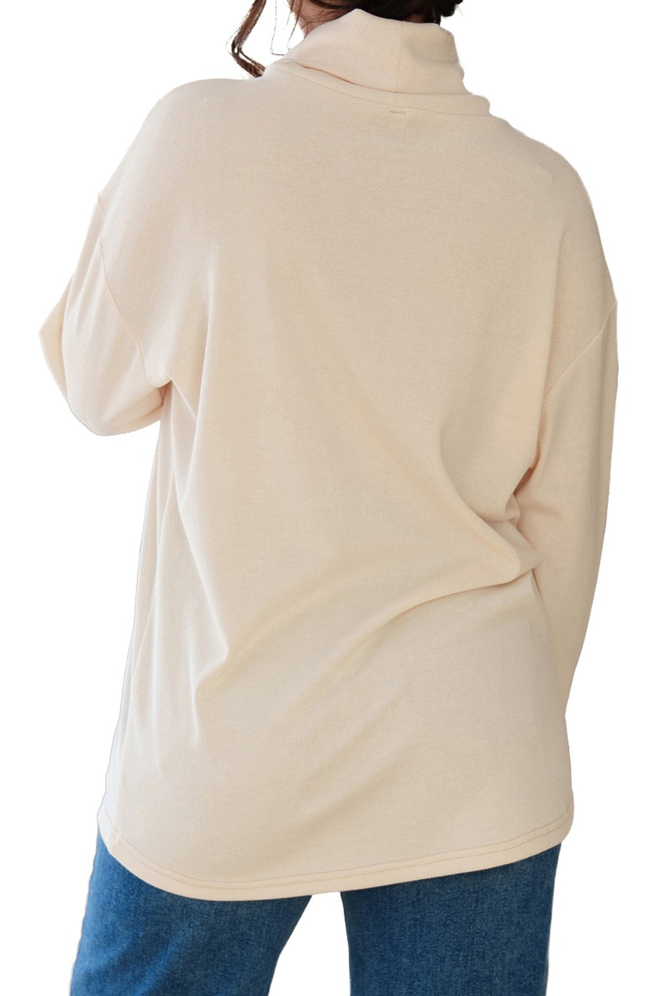 Rien ne se perd, tout se crée women's cream long sleeve tunic with cowl neck, dropped shoulders, and straight hem, back view