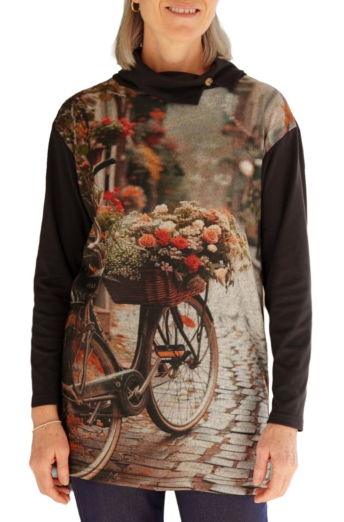 Tunique à manches noires, col drapé et imprimé vélo fleuri pour femme par Rien ne se perd, tout se crée, vue de face