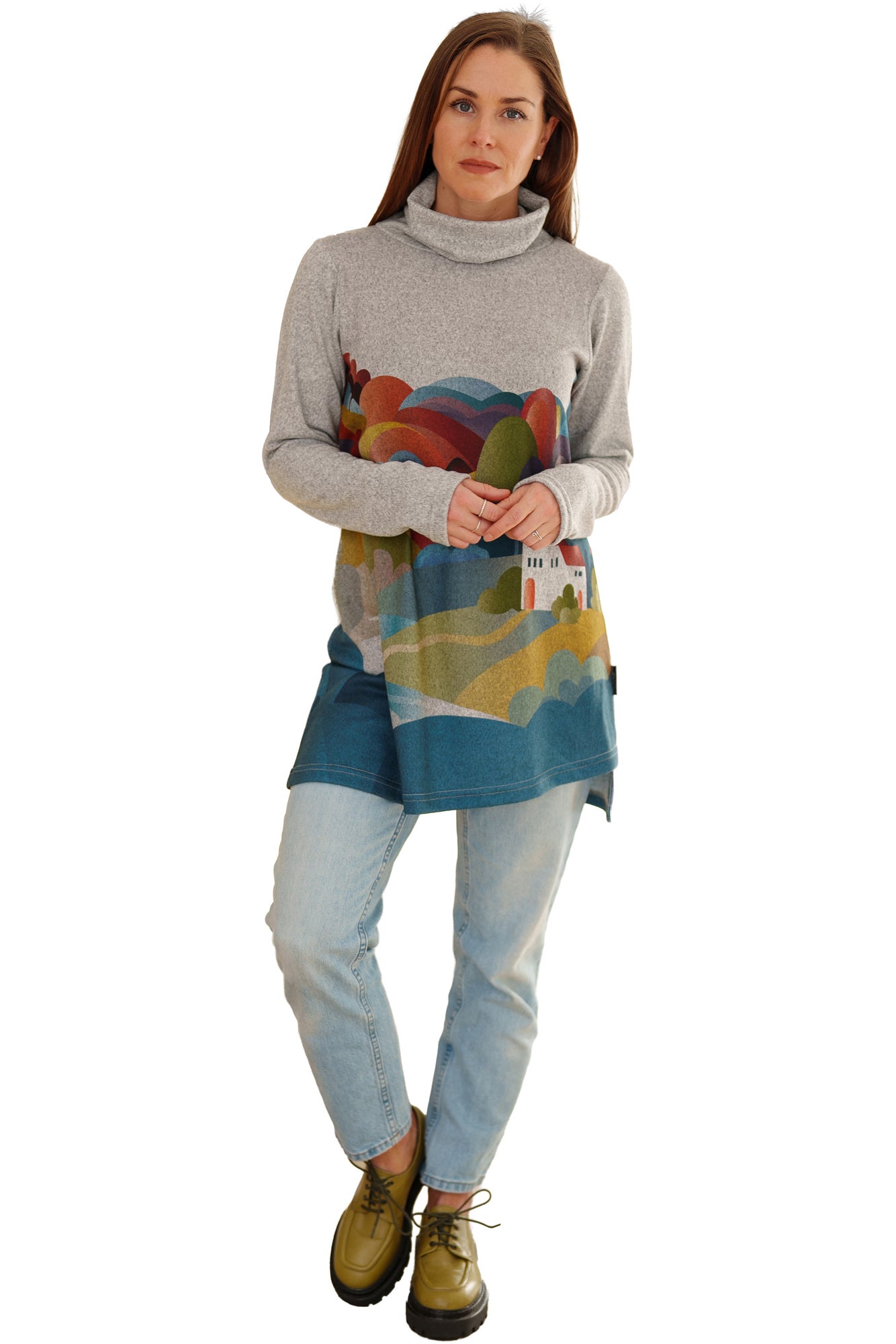 Women's full front view of light gray cowl neck tunic with multicolor landscape print by Rien ne se perd, tout se crée