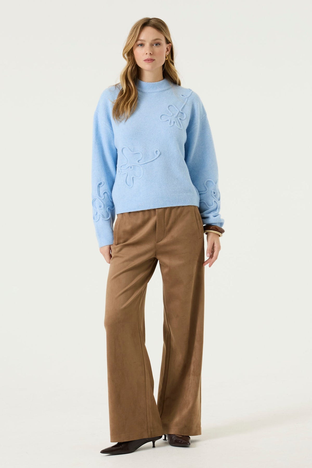 Garcia women's light blue mock neck long-sleeve knit sweater with raised floral details shown from the front