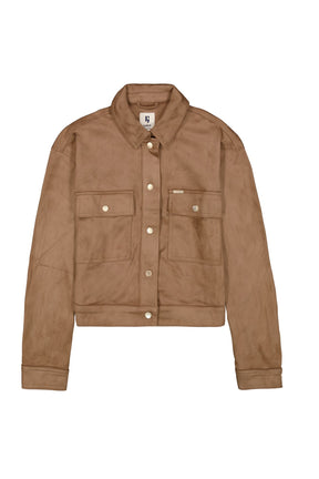Jacket courte brun tan aspect suède, col pointu, boutons dorés et poches pour femme par Garcia, vue isolée de face