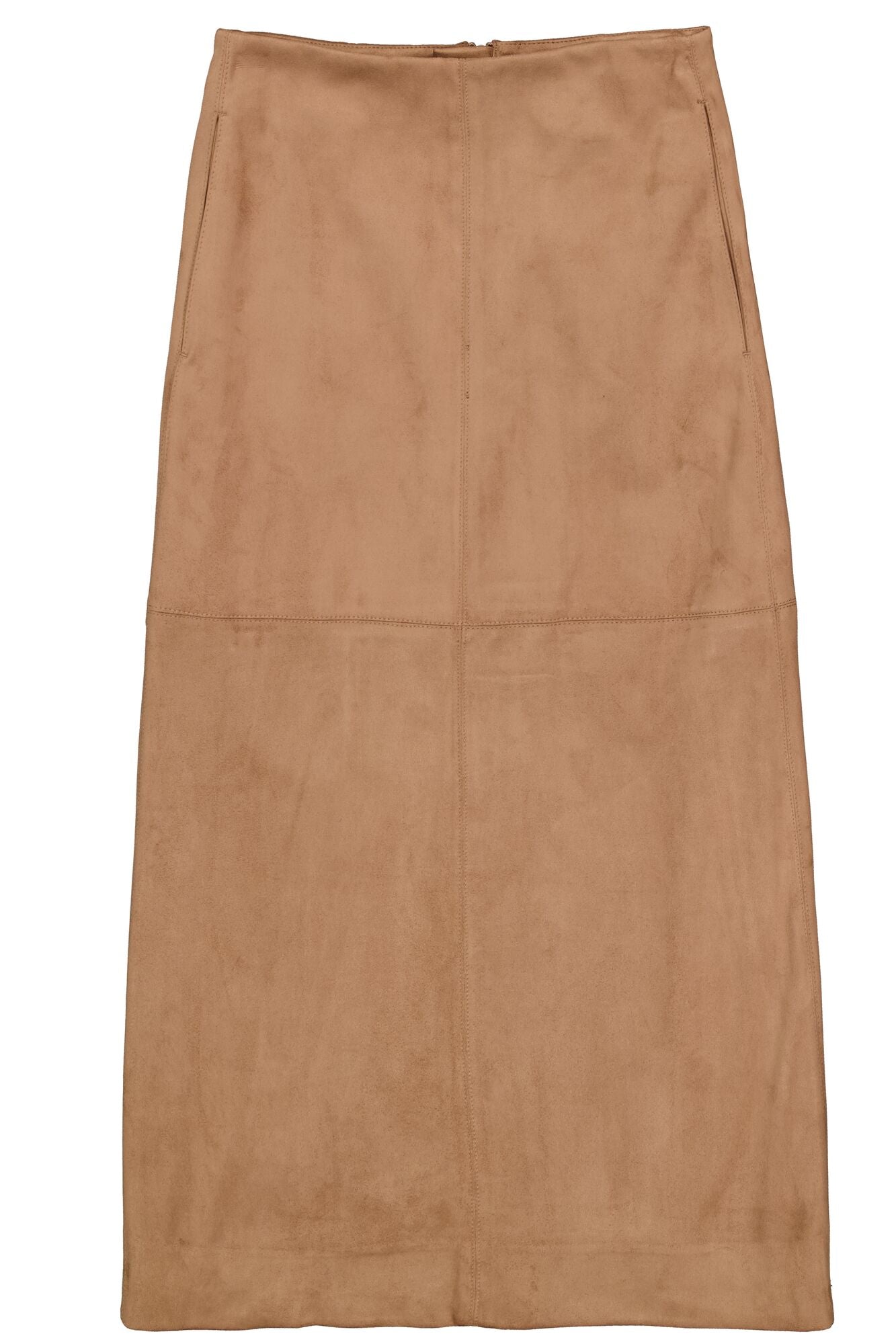 Jupe midi tan isolée avec poches latérales, couture centrale et panneau horizontal pour femme par Garcia