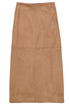 Jupe midi tan isolée avec poches latérales, couture centrale et panneau horizontal pour femme par Garcia