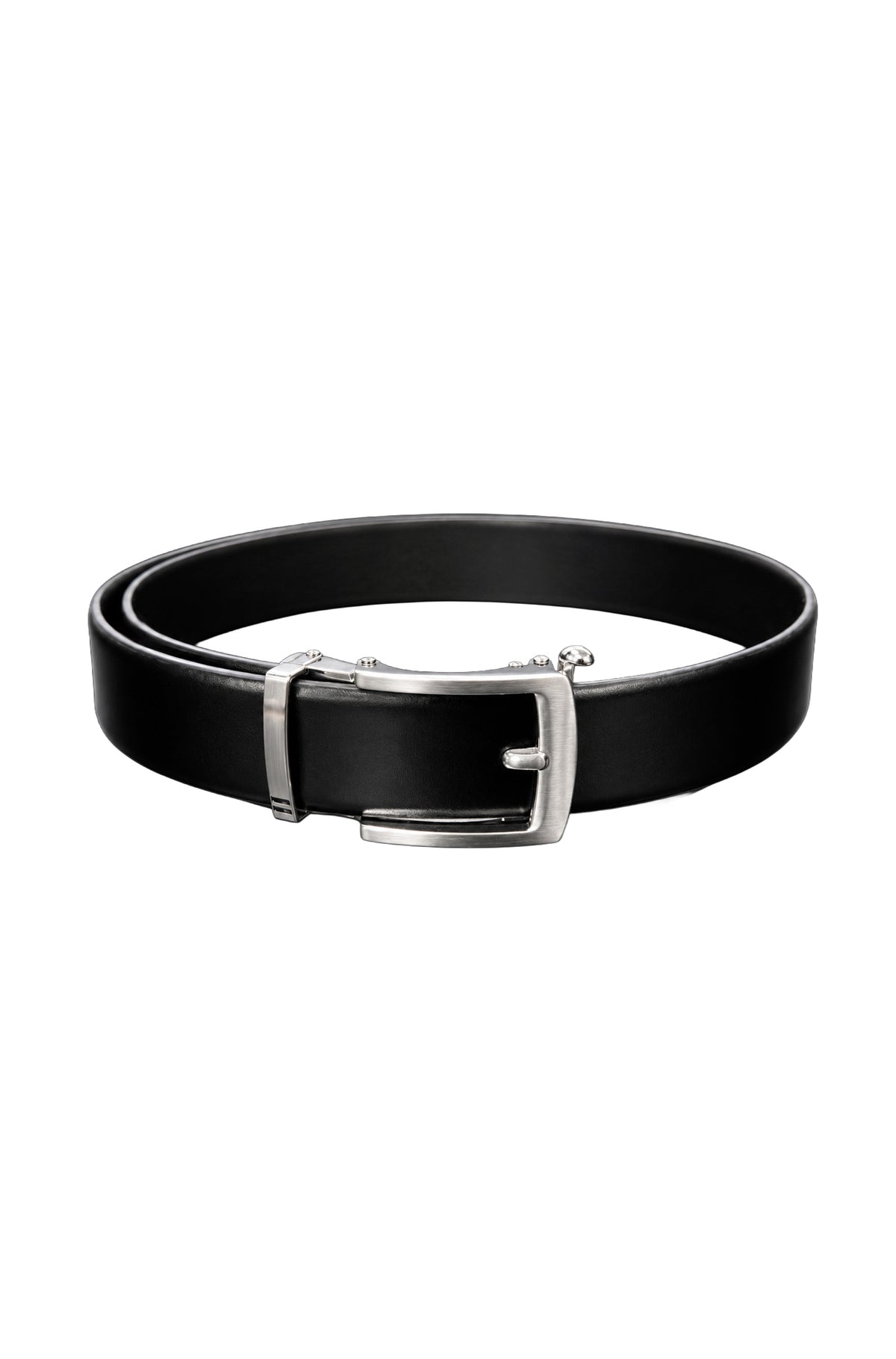 Ceinture noire vue en boucle avec boucle rectangulaire argentée pour homme par Au Noir, vue produit
