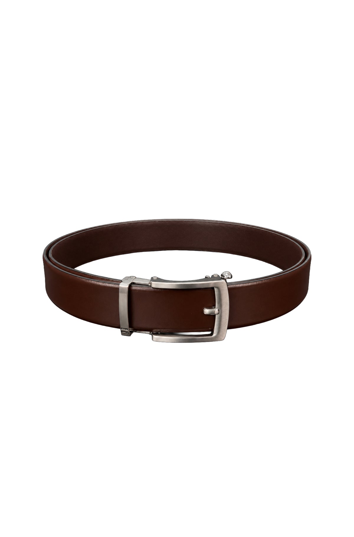 Ceinture brune d’aspect cuir en ovale avec boucle rectangulaire argentée pour homme par Au Noir, vue produit