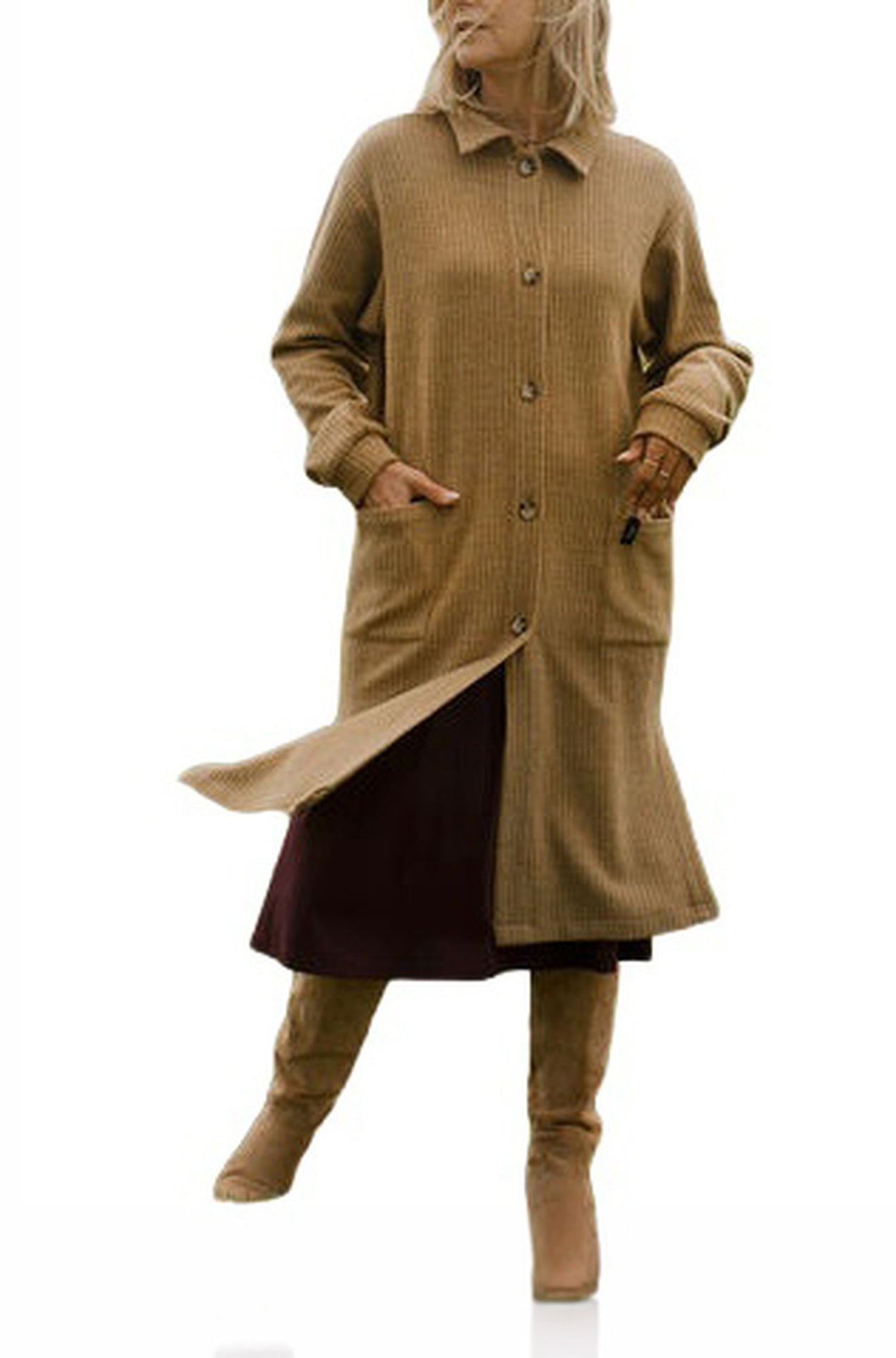 Rien ne se perd, tout se crée women's full front view of camel ribbed long jacket with collar and buttons