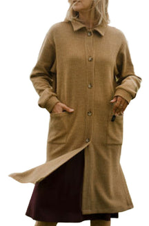 Rien ne se perd, tout se crée women's camel ribbed long jacket with spread collar, buttons and patch pockets, front view