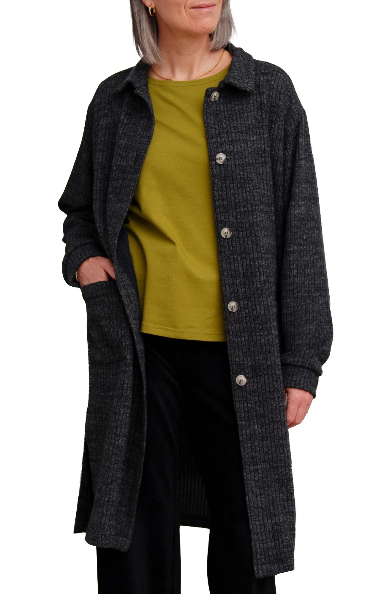 Rien ne se perd, tout se crée women's charcoal ribbed long jacket with shirt collar and light buttons shown from the front