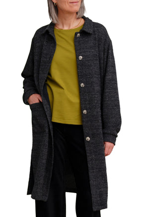 Rien ne se perd, tout se crée women's charcoal ribbed long jacket with shirt collar and light buttons shown from the front