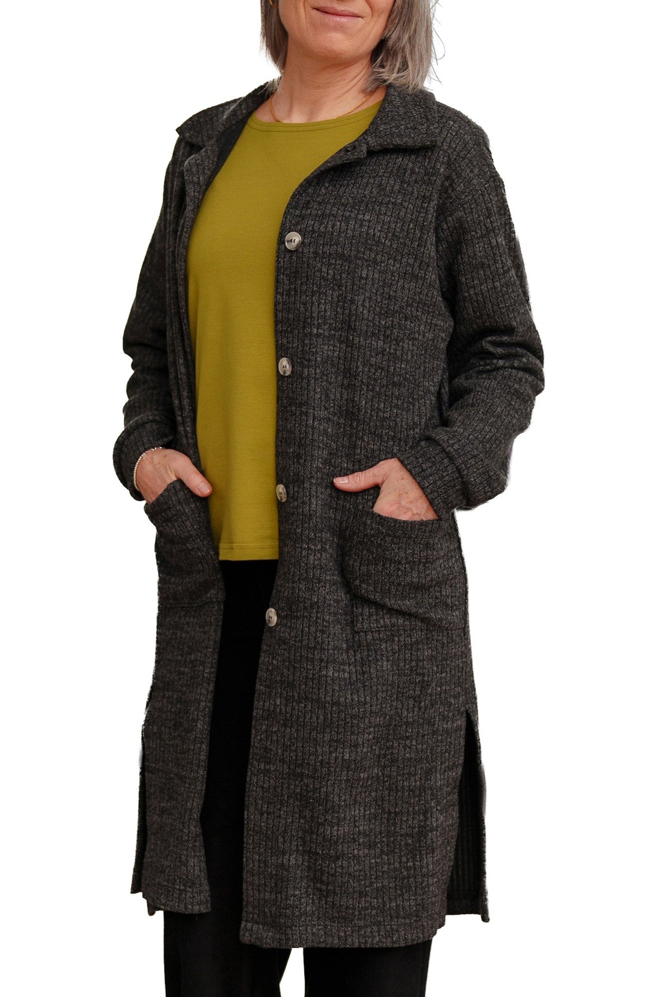 Rien ne se perd, tout se crée women's charcoal ribbed long jacket with collar, button front and patch pockets, front view