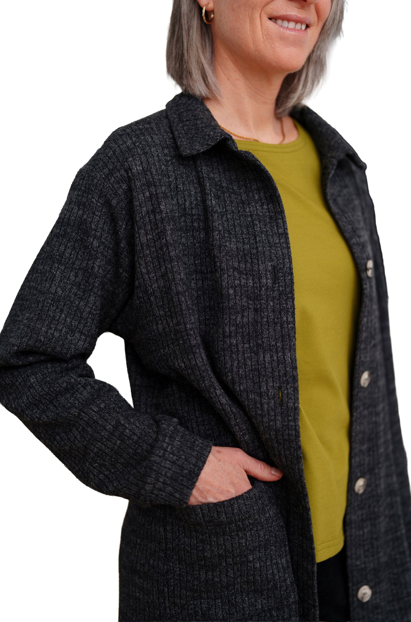 Rien ne se perd, tout se crée women's charcoal ribbed long jacket with shirt collar and button front, close view