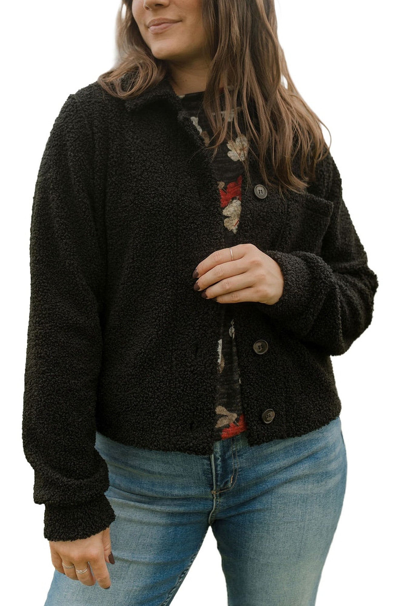 Front view of women's black nubby sherpa jacket with collar, buttons, and patch pockets by Rien ne se perd, tout se crée