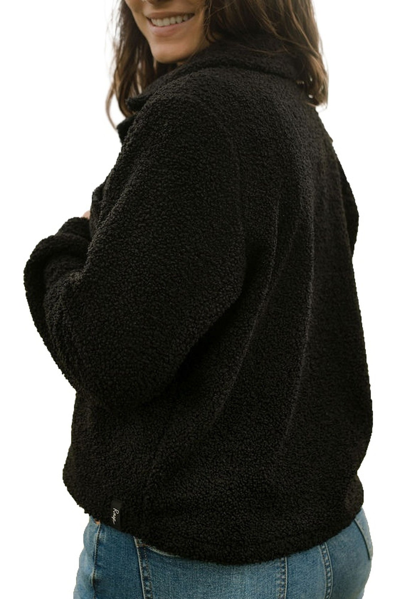 Rien ne se perd, tout se crée women's back angled view of a black nubby sherpa jacket with cropped hem and small side label