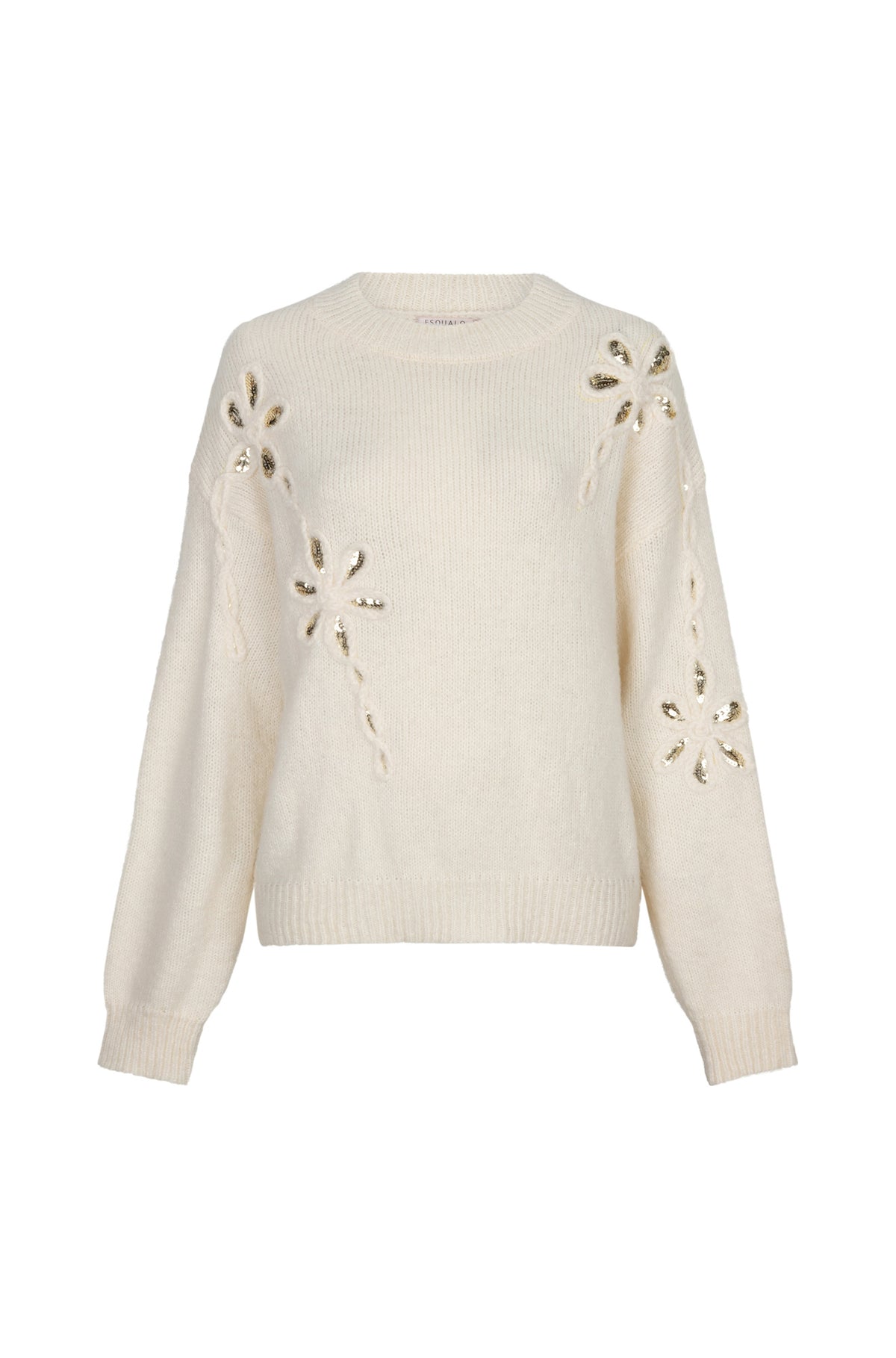 Vue avant du chandail en tricot à manches longues crème à col rond avec fleurs appliquées pour femme par Esqualo