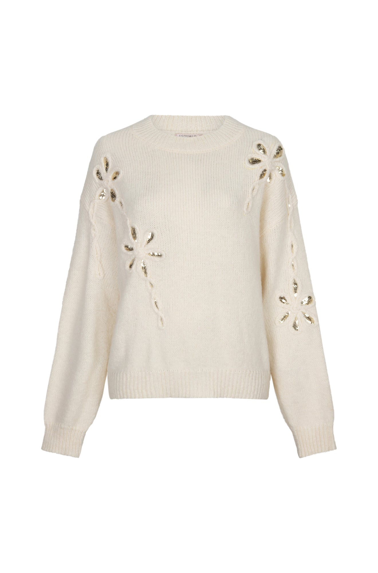 Front view of women's cream knit long-sleeve knit sweater with crewneck, floral appliqués and gold sequins by Esqualo
