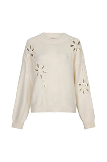 Vue avant du chandail en tricot à manches longues crème à col rond avec fleurs appliquées pour femme par Esqualo