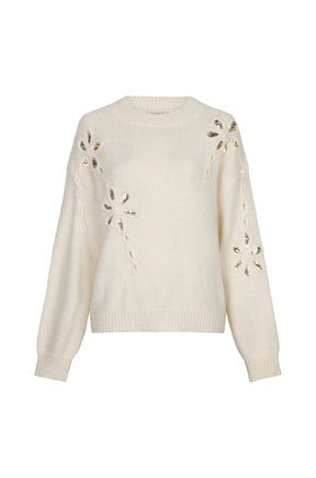 Front view of women's cream knit long-sleeve knit sweater with crewneck, floral appliqués and gold sequins by Esqualo