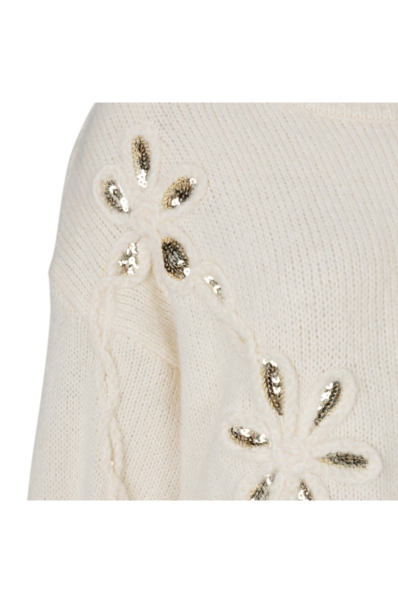 Esqualo women's detail of cream knit long-sleeve knit sweater with raised floral appliqués