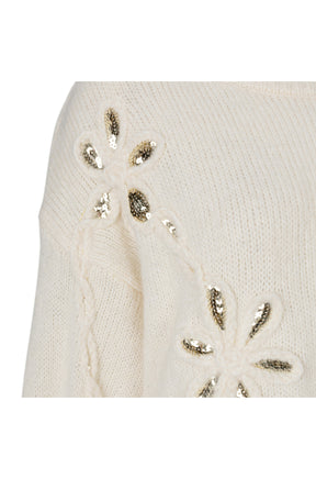 Esqualo women's detail of cream knit long-sleeve knit sweater with raised floral appliqués